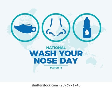 National Wash Your Nose Day poster vector illustration. Human nose, neti pot, nasal irrigation icon set vector. Nasal cleansing symbol. Template for background, banner, card. March 11 every year
