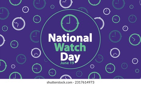 National Watch Day vector banner design with watch icon pattern on purple background, typography tittle and date. National Watch Day modern minimal poster illustration for national holiday celebration