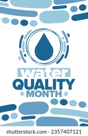 National Water Quality Month in August. Month of studying the water. Origin, save and purify water. High quality water. Celebrated in United States. Poster, card, banner, illustration. Vector