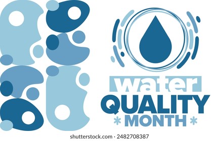 National Water Quality Month in August. Month of studying the water. Origin, save and purify water. High quality water. Celebrated in United States. Poster, card, banner, illustration. Vector