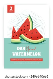 National watermelon day. August 3. Three juicy watermelon slices on a retro background. Vertical bright summer composition. Flyer, banner, poster. Vector flat Illustration.