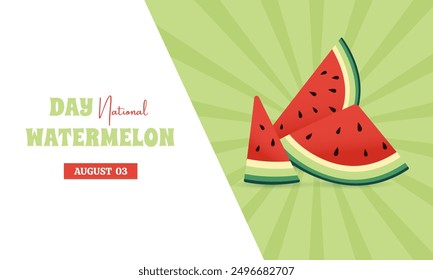 National watermelon day. August 3. Three juicy watermelon slices on a retro background. Horizontal colorful summer composition. Flyer, banner, poster. Vector flat Illustration.