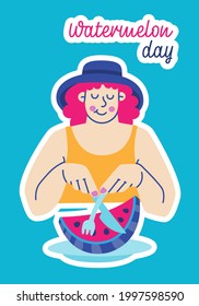 National Watermelon Day. August 3rd. Female character in hat eating watermelon. Vector colorful illustration for design, postcard, sticker.