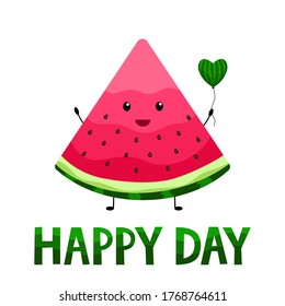Nationaler Wassermelontag. August. Vektorgrafik. Hübsches Stück mit Samen und einem Ballon in Herzform. Grußkarte. Feiern. Auf weißem Hintergrund mit Text.