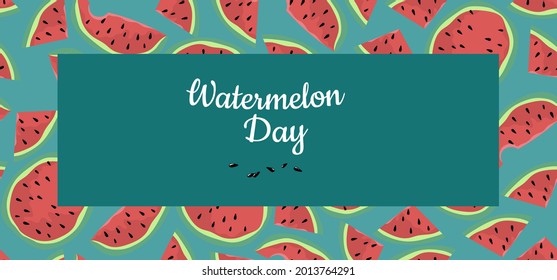 National watermelon day. Banner with sliced, half and quarter of watermelons. Cartoon style. Watermelon day. Rectangle template. Vector isolated illustration.