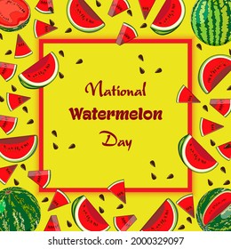 National watermelon day. Banner with whole and sliced, half and quarter of watermelon. Watermelons in cartoon style. Watermelon day. Square template. Vector illustration isolated on yellow background.