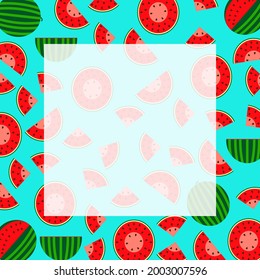National watermelon day. Banner with whole and sliced, half and quarter of watermelon. Watermelons in flat style. Watermelon day. Square template. Vector illustration isolated on blue background.