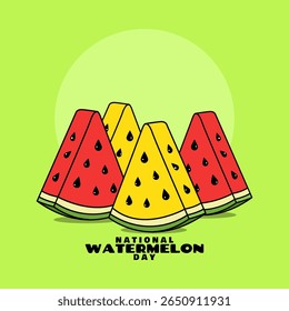 Dia Nacional da Melancia para comemorar em 3 de agosto. Uma fatia de melancia vermelha e amarela parece tão fresca e deliciosa em fundo verde brilhante. Banner do evento Fruit.