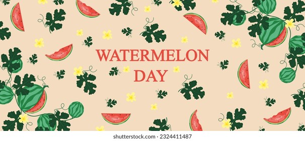 National Watermelon Day horizontal banner with watermelon skibs, flowers and melons. Flat holiday poster. Vector illustration.