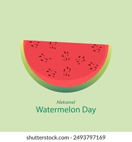 National Watermelon Day vector, illustration. August 3. A vibrant red watermelon slice in flat style isolated on a light green background. 