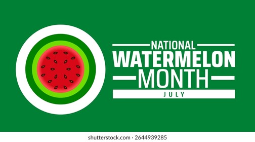 National Watermelon Month banner or poster design template. observado todos os anos em julho. Conceito de férias. Use para qualquer modelo, cartão, cartaz, cartaz, modelo.