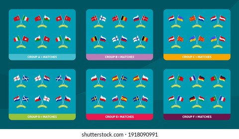 National wave flag Football euro 2020 tournament final stage groups vector stock illustration with matches schedule. 2020 European soccer tournament table with background. Vector country flags