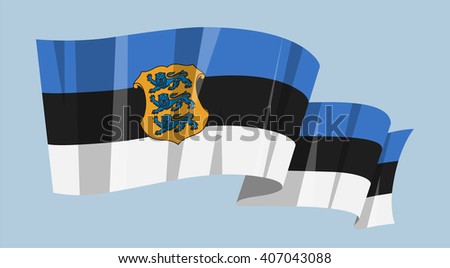 National waving flag vector editable banner ribbon country world Estonia Tallinn Europe coat of arms emblem lions