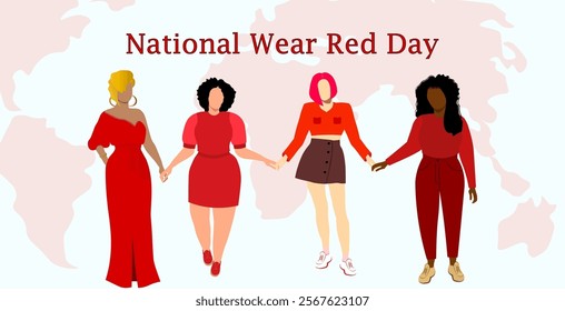 National Wear Red Day. Diverse women stand side by side together and holding hands. to show their support about cardiovascular disease. Vector illustration. Not AI generated