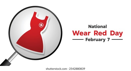 Dia Nacional do Desgaste Vermelho. Vestido e lupa. Ótimo para cartões, banners, cartazes, mídias sociais e muito mais. Fundo branco. 