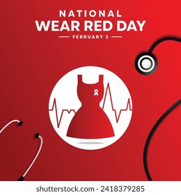 National Wear Red Day February 2, 2024. Stestoscope, ribbon, red dress and more. Banner, card, poster, social media and more