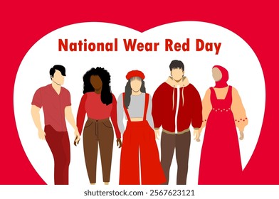 National Wear Red Day. A group of young people in red clothes o raise awareness about cardiovascular disease. Join the cause by wearing red. Vector illustration. Not AI generated 