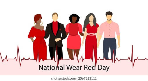 National Wear Red Day on February. A group of young people wearing red clothes. Awareness day of heart disease prevention. Vector Not AI generated 