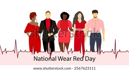 National Wear Red Day on February. A group of young people wearing red clothes. Awareness day of heart disease prevention. Vector Not AI generated 