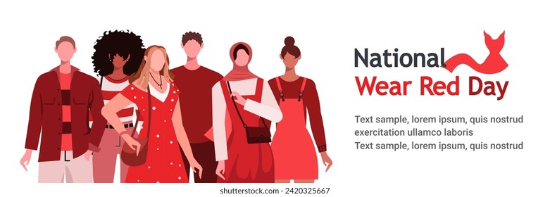 Día Nacional del Vestido Rojo. Usa el rojo para crear conciencia sobre las enfermedades cardiovasculares y ayudar a salvar vidas. Un grupo de jóvenes vestidos de rojo. Concepto moderno para el desarrollo de sitios web, medios sociales.