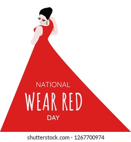 National Wear Red Day - text with different fonts. Woman in evening red dress looking back. Vector illustration.