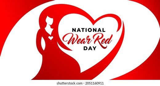 National wear red day vector banner. American Heart Association bring attention to heart disease. Beautiful woman wearing red dress. National wear red day in February concept.