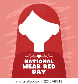 National Wear Red Day. Vector red haired girl wearing red clothes. Abstract background. Flat design vector. Poster, banner, card, background. Eps 10.