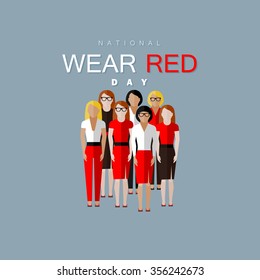 National Wear Red Day. Vector Flat Illustration Of Women Community Wearing Red Clothes