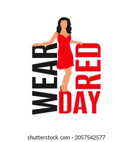 National wear red day. Young girl in red dress on white background. Poster, banner, placard, flyer concept design. Vector illustration