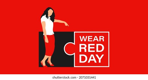 National wear red day. Young girl in red dress with jigsaw puzzle. Poster, banner, placard, flyer concept design. Vector illustration