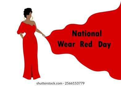 National Wear Red Day. Young modern African American woman in a red dress to raise awareness of cardiovascular disease and show her support.