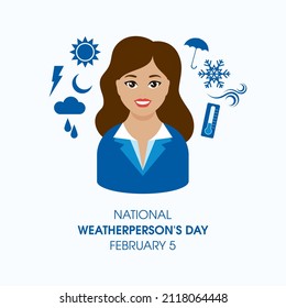 National Weatherperson's Day Vector. Beautiful Woman Forecasting The Weather Vector. Meteorologist Woman Icon. Weather Blue Icon Set. Weatherperson's Day Poster, February 5. Important Day