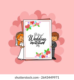 Dia Nacional do Convite do Casamento para celebrar em 16 de julho. Ilustração de uma noiva e noivo segurando um cartão de casamento em um fundo rosa.