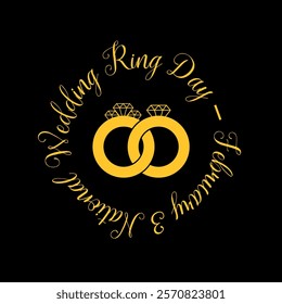 National Wedding Ring Day to celebrate on February 3rd. Illustration of a pair of gold rings with diamonds surrounded by calligraphic text on black background.