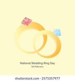 National Wedding Ring Day, celebrated February 3 every year, vector illustration. Diamond rings for couple. Gold rings.