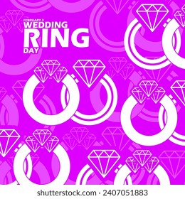 Banner für den nationalen Hochzeitsring. Illustration eines Paares von Juwelenringen mit fett gedrucktem Text auf rosafarbenem Hintergrund zum 3. Februar