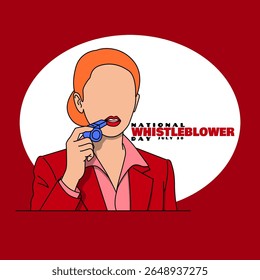 National Whistleblower Day to celebrate on July 30th. Illustration of a woman in a red suit about to blow a whistle on dark red background.