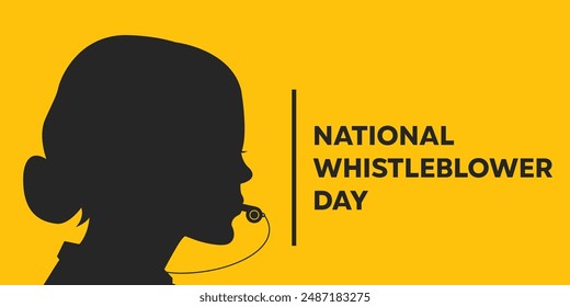 National Whistleblower Day. Woman and whistle. suitable for cards, banners, posters, social media and more. Yellow background.