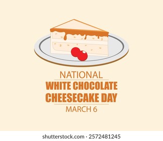 National White Chocolate Cheesecake Day vector illustration. Piece of white chocolate cake on a plate icon vector. Slice of white chocolate cake with whipped cream drawing.