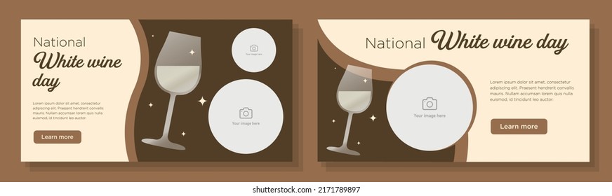 Juego de plantillas de banner para el Día Nacional del Vino Blanco, anuncio de celebración de bebidas alcohólicas, deliciosas bebidas de vinificación anuncio horizontal, 3 de agosto, post clásico de marketing de contenido de vidrio.