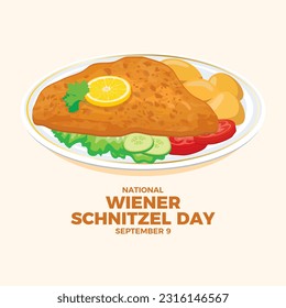 Ilustración vectorial del Día Nacional del Acnitzel Wiener. Acnur de ternera frito con patatas y vectores de ícono de guarnición de verduras. Especialidad en cocina austriaca. 9 de septiembre cada año. Día importante