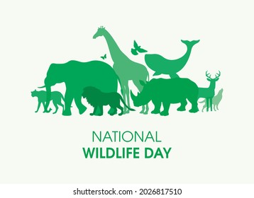 National Wildlife Day Poster with green silhouettes of wild animals icon vector. Wild animals silhouette set. Environmental icon vector. Group of animals icon. Important day