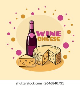 National Wine and Cheese Day to celebrate on July 25th. A bottle of wine with a large cheese and a small piece of cheese on bright yellow background. Food and drink event banner.