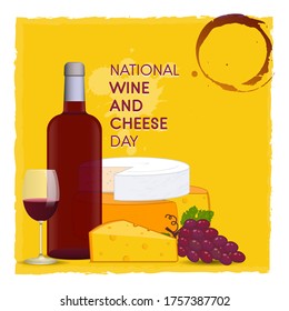 National Wine and Cheese Day vector illustration banner. Bottle and glass of red wine with cheese wheels and slice, grapes.
