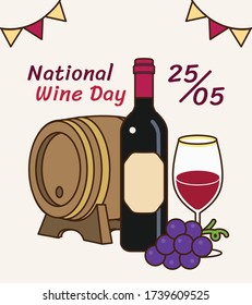 National wine day banner: red grapes alcohol celebration in glass, bottle and barrel. Traditional festival day farm product icon vector illustration flat design drawing.