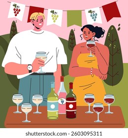 National Wine Day celebration with friends enjoying various wines outdoors. A friendly atmosphere with decorative banners and a table full of wine bottles and glasses. Perfect for gatherings and