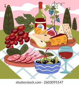 National Wine Day celebration image. A picnic scene with a variety of cheeses, meats, grapes, olives, and a bottle of wine. It captures the joy of savoring fine wine with delicious food.