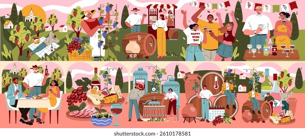 National Wine Day celebration set. Vineyards, wine tasting, and cheerful gatherings. Wine production to festive markets and outdoor picnics. Vector illustration.