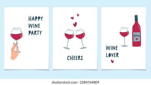 National Wine Day. Hand holding glass with red wine, bottle and hearts. Set of minimalistic style greeting cards. Vector illustrations.