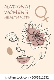 National Women Health Week Concept Vector For Web, App. Event On Mother's Day To Encourage Women Health In May.  Girl Line Face On Boho, Line, Organic Style Background.